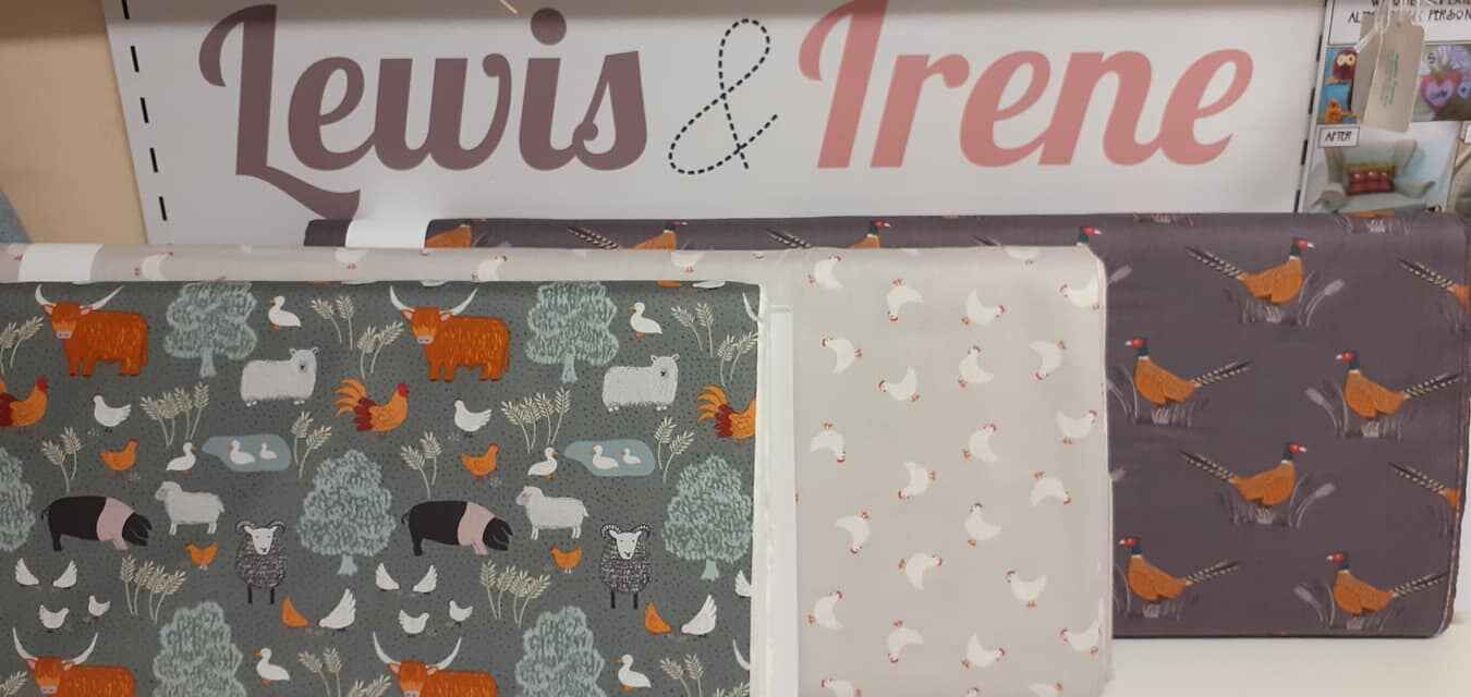 Lewis and Irene fabrics with pigs and cows; white chickens; or pheasants. Photo